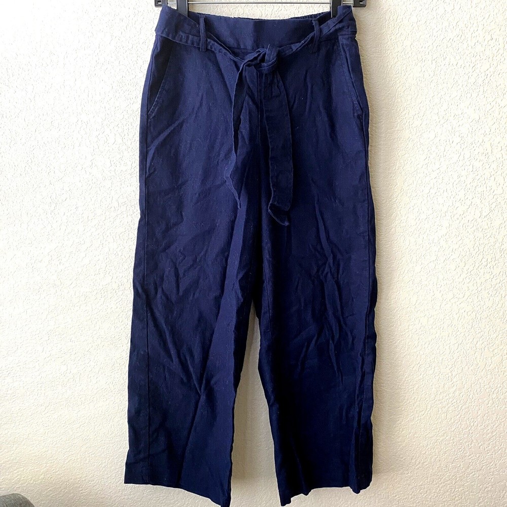 J crew Wide Leg Cropped Pants Womens Size 4 Belt Navy Blue  L7041 Linen Blend